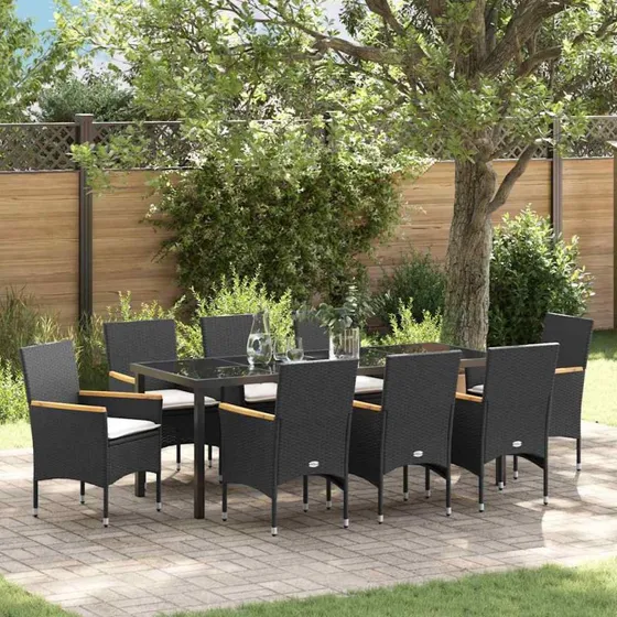 vidaXL Have Spisebordssæt 9 pcs Sort PolyRattan med Puder