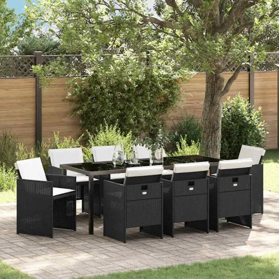 vidaXL Have Spisebordssæt 9 pcs Sort Poly Rattan med Puder