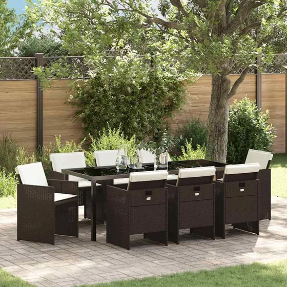 vidaXL Have Spisebordssæt 9 pcs Brun PolyRattan med Puder