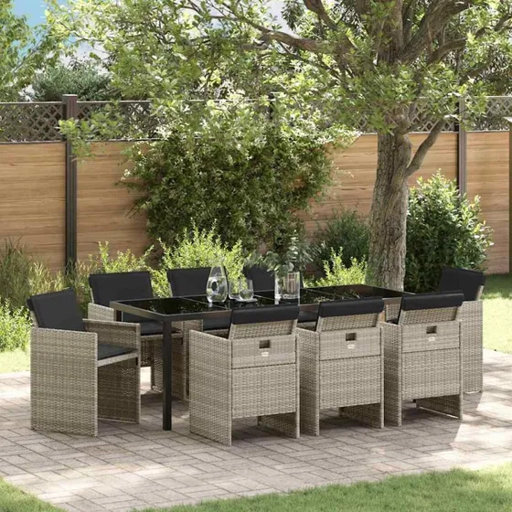 vidaXL Have Spisebordssæt 9 pcs Lysegrå PolyRattan med Puder