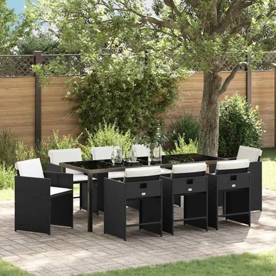 vidaXL Have Spisebordssæt 9 pcs Sort Poly-Rattan med Puder
