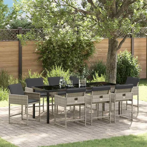 vidaXL Have Spisebordssæt 9 pcs Lysegrå PolyRattan