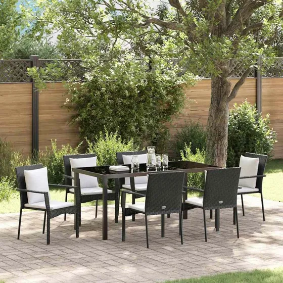 vidaXL Have Spisebordssæt 7 pcs Sort PolyRattan med Puder