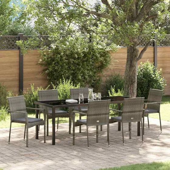 vidaXL Have Spisebordssæt 7 pcs Grå PolyRattan med Puder