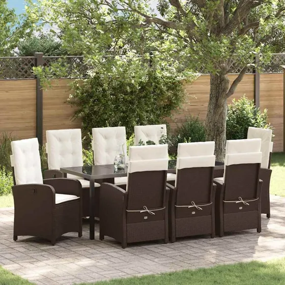 vidaXL Have Spisebordssæt 9 pcs Brun PolyRattan med Puder