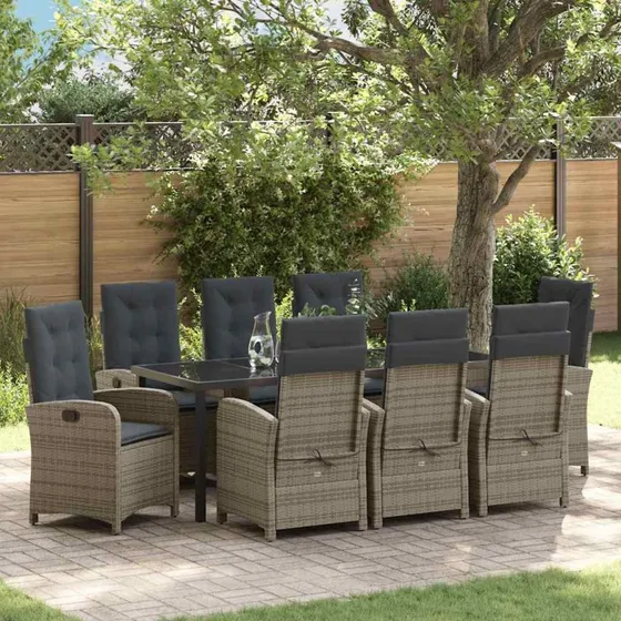 vidaXL Have Spisebordssæt 9 pcs Grå PolyRattan med Puder