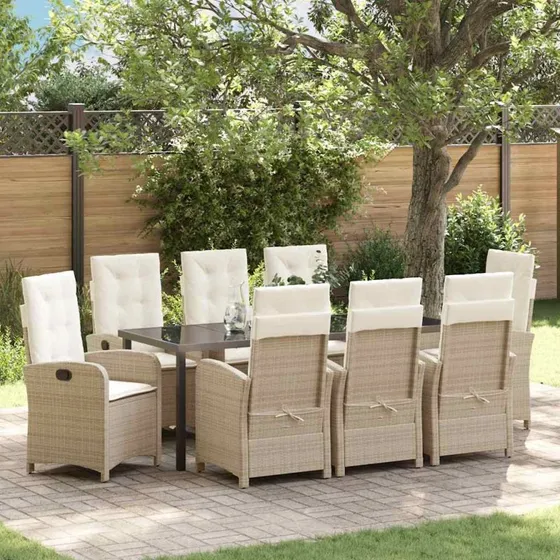 vidaXL Have Spisebordssæt 9 pcs Beige PolyRattan med Puder
