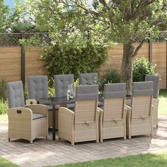 vidaXL Have Spisebordssæt 9 pcs Beige PolyRattan med Puder