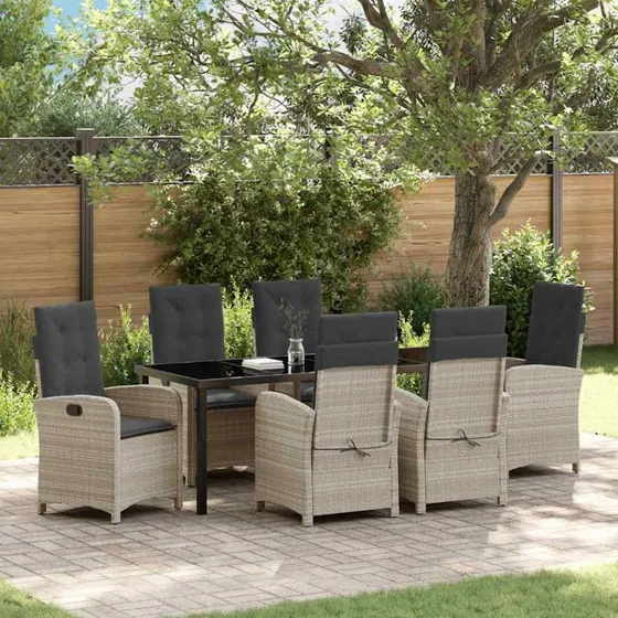 vidaXL Have Spisebordssæt 7 pcs Lysegrå PolyRattan med Puder