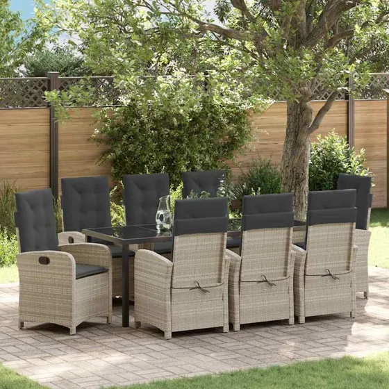 vidaXL Have Spisebordssæt 9 pcs Lysegrå PolyRattan med Puder