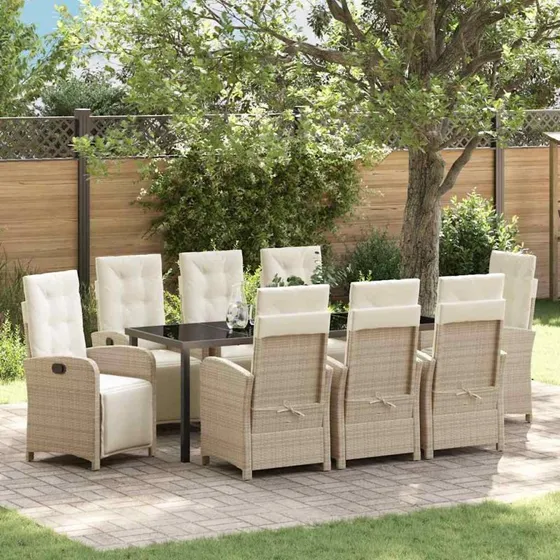vidaXL Have Spisebordssæt 9 pcs Beige Polyrrattan med Puder