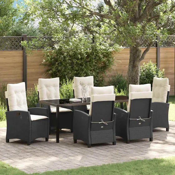 vidaXL Have Spisebordssæt 7 pc Sort PolyRattan med Puder