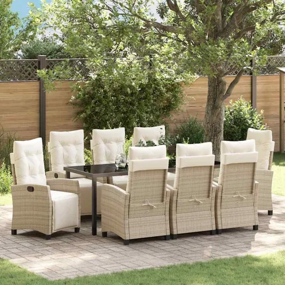 vidaXL Have Spisebordssæt 9 pcs Beige Polyrrattan med Puder