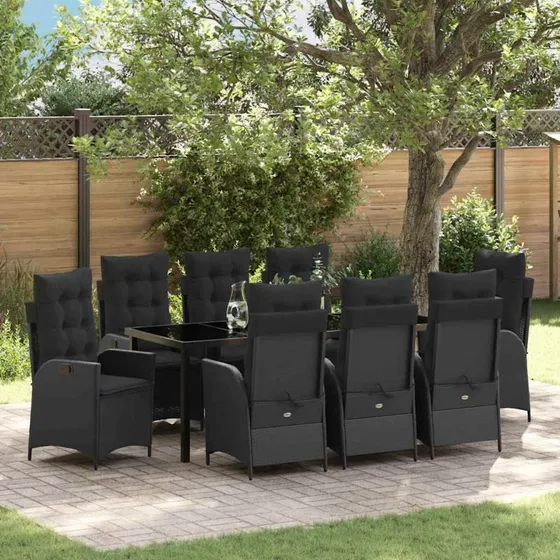vidaXL Have Spisebordssæt 9 pc Sort PolyRattan med Puder