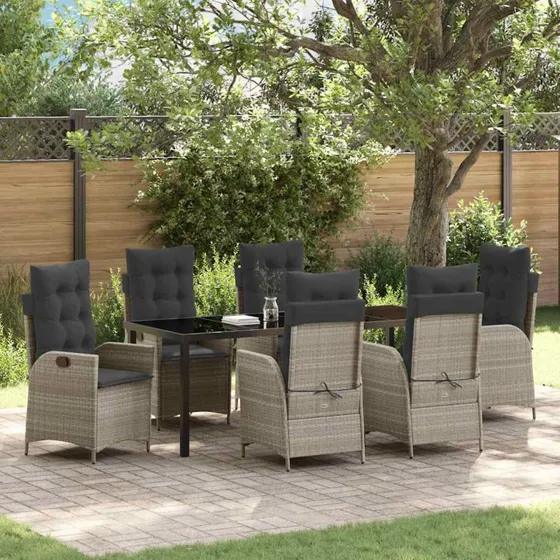 vidaXL Have Spisebordssæt 7 pcs Lysegrå PolyRattan med Puder