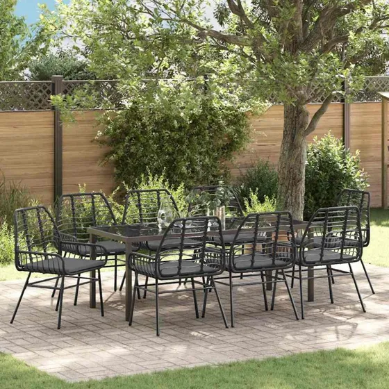 vidaXL Have Spisebordssæt 9 pc Sort PolyRattan