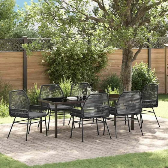 vidaXL Have Spisebordssæt 7 pcs Sort Poly Rattan med Puder