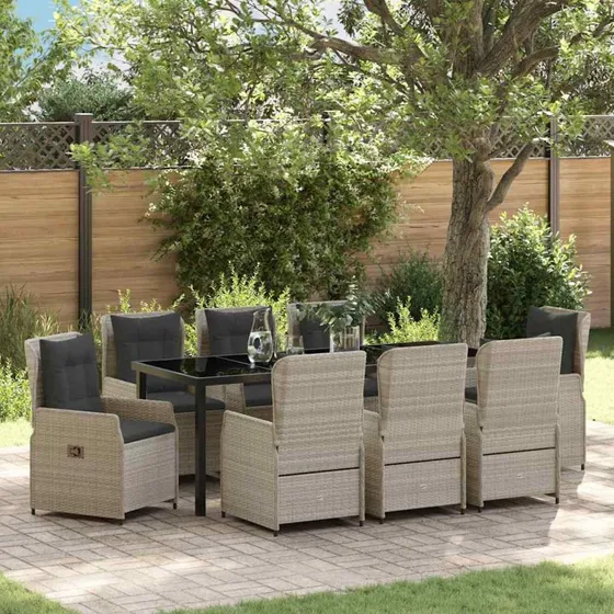 vidaXL Have Spisebordssæt 9 pcs Lysegrå PolyRattan