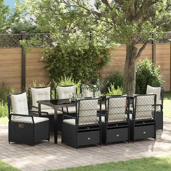 vidaXL Have Spisebordssæt 9 pc Sort Poly-rattan