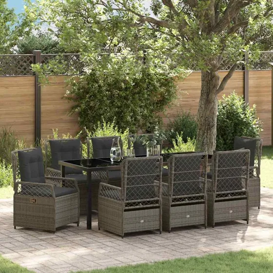 vidaXL Have Spisebordssæt 9 pcs Grå Poly-Rattan