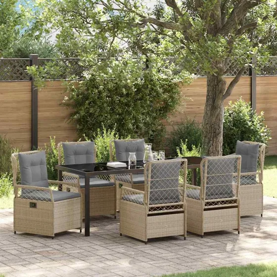 vidaXL Have Spisebordssæt 7 del, beige/lys grå polyrattan med glasbord
