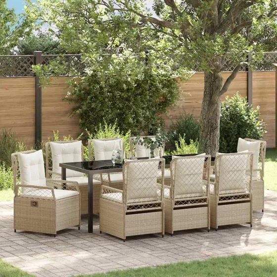 vidaXL Have Spisebordssæt 9 pcs Beige/Cremehvid Poly-Rattan