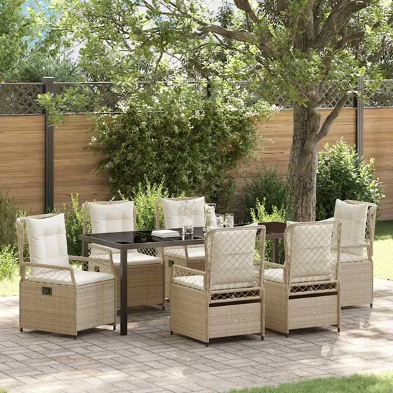 vidaXL Have Spisebordssæt 7 pcs Beige/Cremehvid Poly-rattan