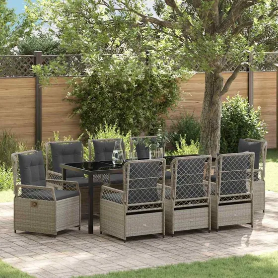 vidaXL Have Spisebordssæt 9 pcs Lysegrå Poly-rattan