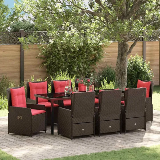vidaXL Have Spisebordssæt 9 pcs Brun Poly Rattan med Pude