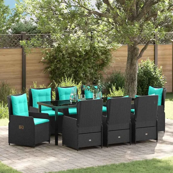 vidaXL Have Spisebordssæt 9 pcs Sort Poly Rattan med Puder
