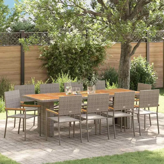 vidaXL Have Spisebordssæt 11 pcs Grå Poly Rattan med Akacietræ-Accenter