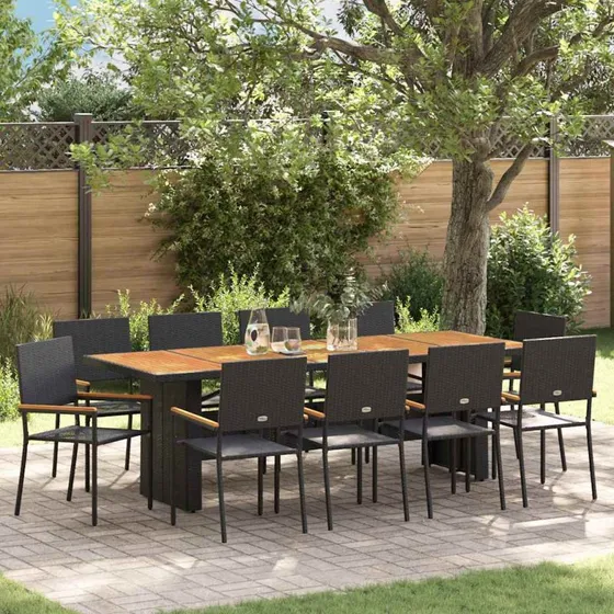 vidaXL Have Spisebordssæt 11 pcs Sort Poly Rattan