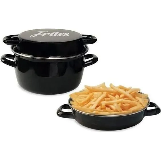 Frites 26 cm svart emaljfritös med korg og glaslock