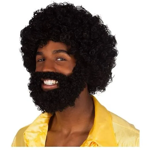 Soul Man afro-paryk med skæg, sort