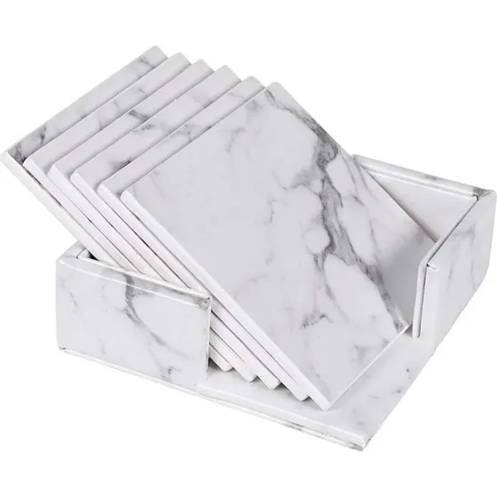 Marmorinspireret 6x Coaster med Holder – PU-læder, firkantet