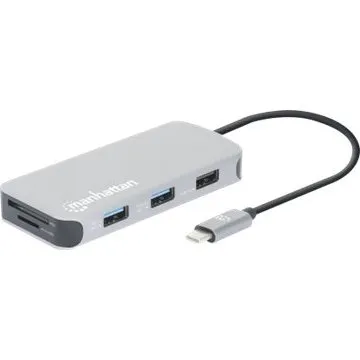 Manhattan 8i1 USB-C Dock med Kortlæser, 10W PD, Aluminium, Silver