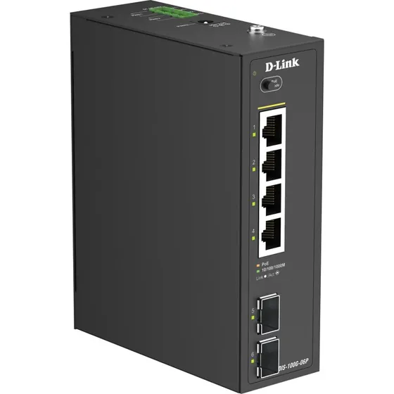 D-Link DIS-100G-06P 6-port Gigabit PoE+ industriel switch med 2 SFP-porte