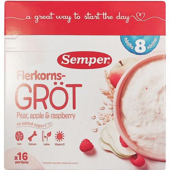 Semper Flerkornsgrød 8 mdr. Pære Æble Hindbær 480 g