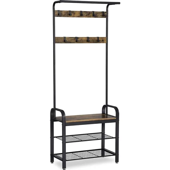 VASAGLE Tøjstativ med bænk og skohylder, rustik brun/sort, 4-i-1, 72 × 33,7 × 183 cm