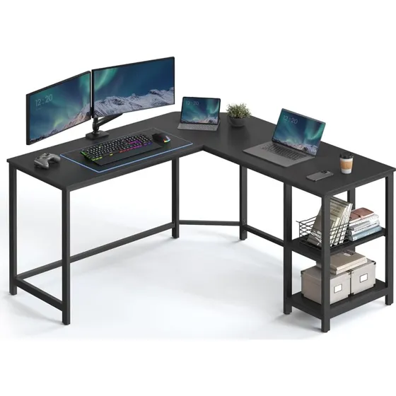 VASAGLE L-formet hjørneskrivebord, sort, 138 x 138 cm, med stålramme og 2 hylder