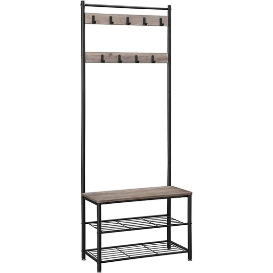 VASAGLE entréopstilling, 9 kroge, 3 hylder, grej og sort, 70×32×175 cm