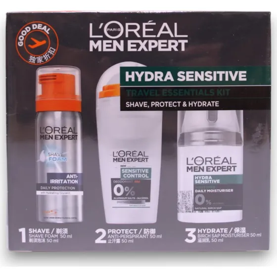 L'Oréal Paris Men Expert Rejsesæt: Fugtgivende Dag- og Natcreme 50 ml + Alkoholfri Deodorant