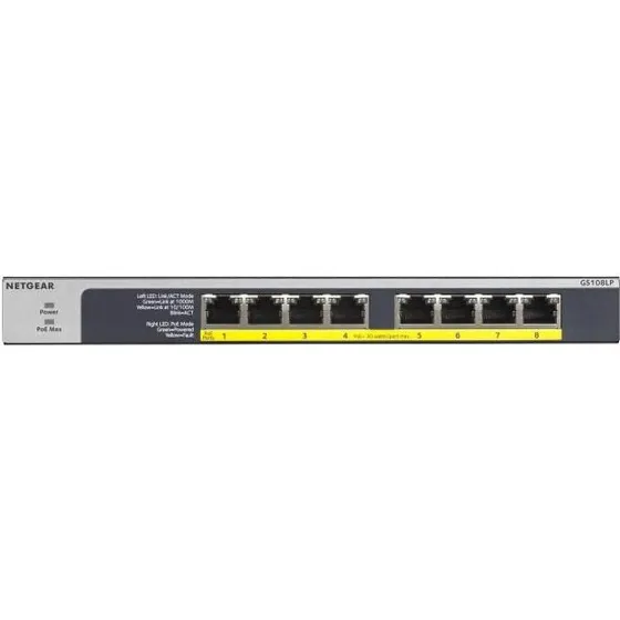 Netgear GS108LP 8-Port Gigabit PoE+ Switch (1U, sort/grå)