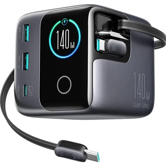 Joyroom Podix JR-TRD01 GaN 140W Desktop Charger med 5 Porte og Dobbelt Retraktabel Kabel - Grå