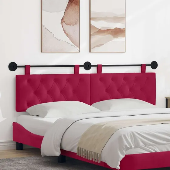 vidaXL Hængende Sengegavl med LED-lys, Vinrød Fløjl, 170 × 55 cm