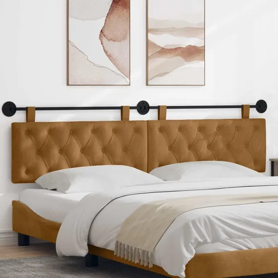 vidaXL Hængende Sengegavl med LED-lys, Brun Fløjl, 210 × 55 cm