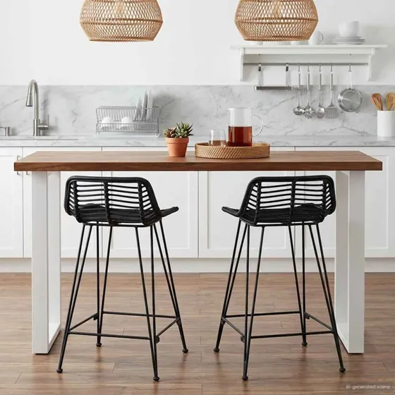 vidaXL Barbænk 2 stk, Sort, 44 x 45 x 76 cm, Rattan og Stål