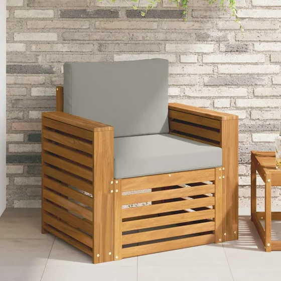 vidaXL Udendørs Sofa Soli Akacietræ 1-plads Lysegrå Puder Naturfarvet