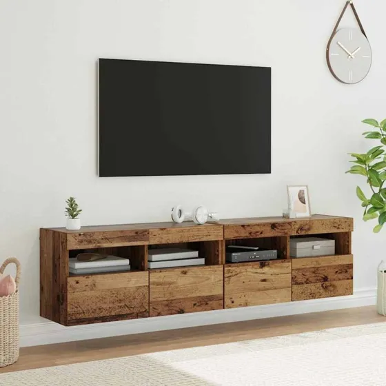 vidaXL TV-væghylder 2 stk, gammelt træ, 80 x 30 x 40 cm, med LED