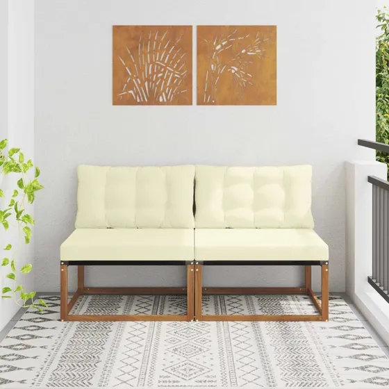 vidaXL 2-stks Udendørs Mellem Sofa i Akacietræ med Textilene, Creme